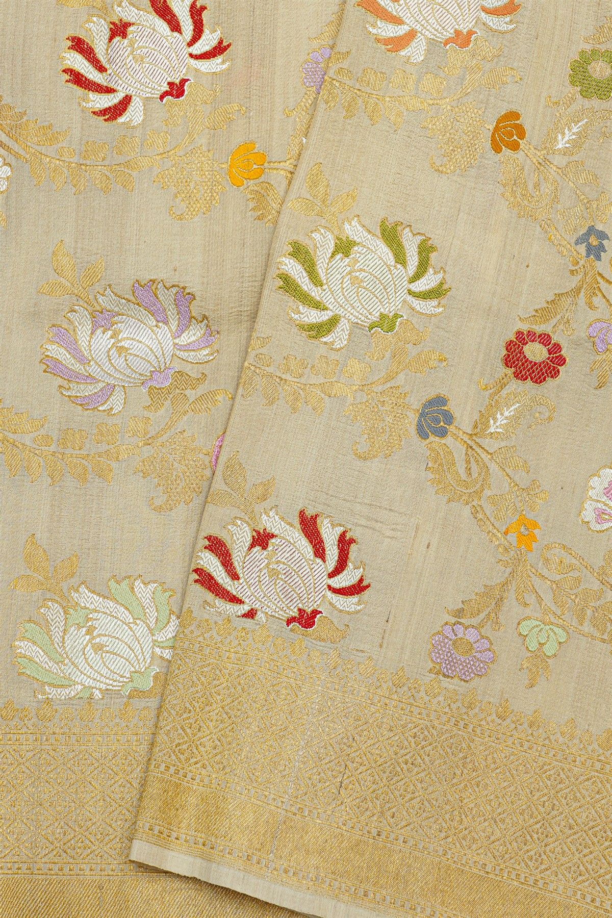 Banarasi Silk Off White Saree With Florals And Leaves In Meenakari Body