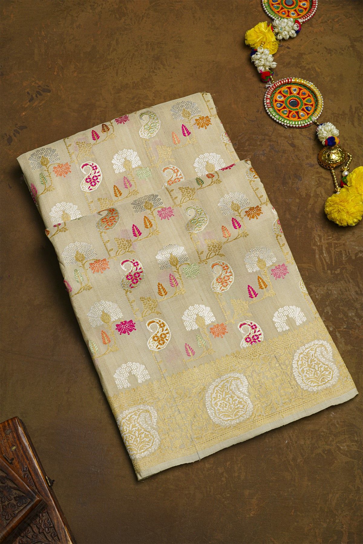 Banarasi Silk Off White Saree With Florals And Paisleys Border