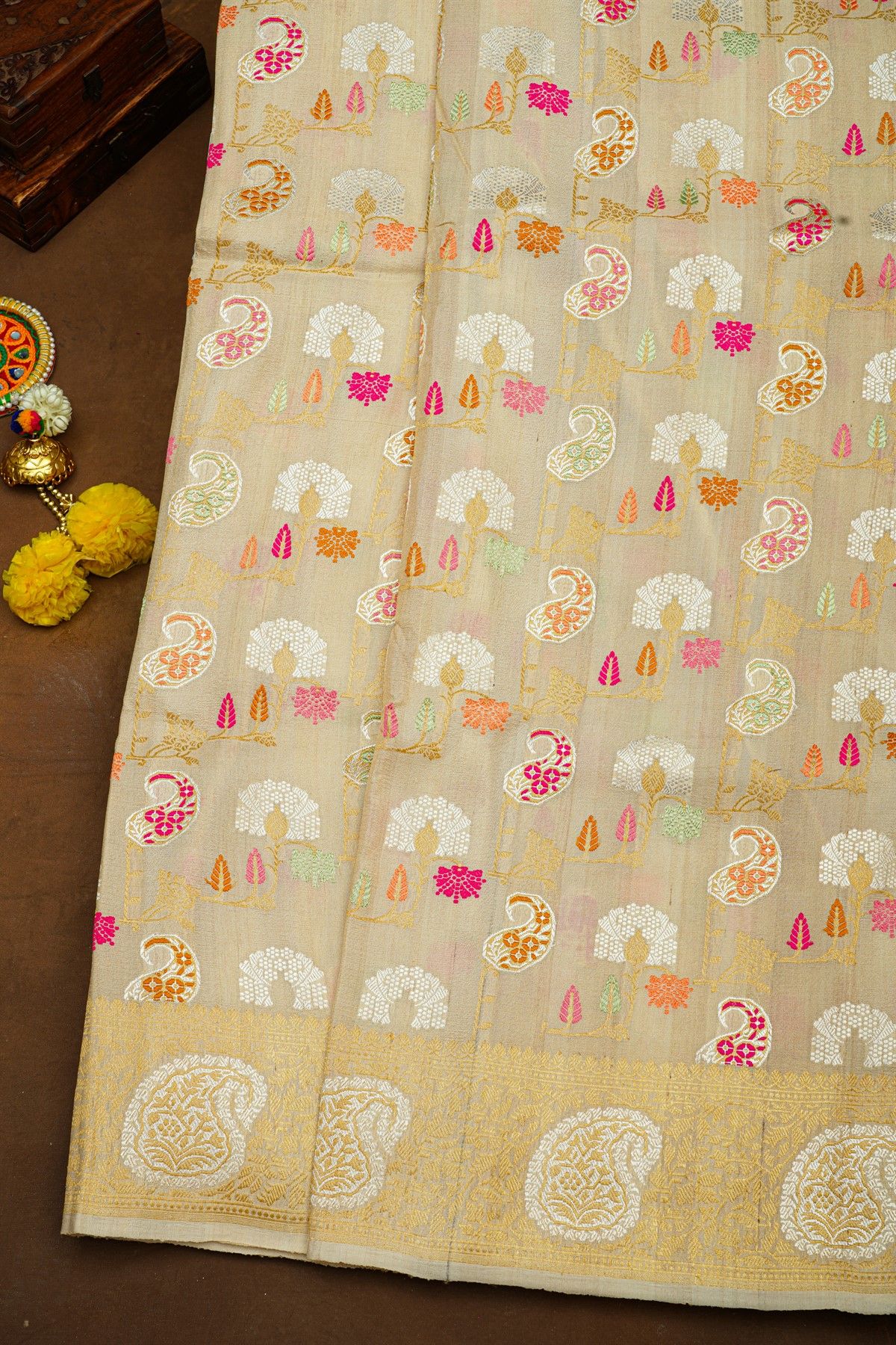 Banarasi Silk Off White Saree With Florals And Paisleys Border