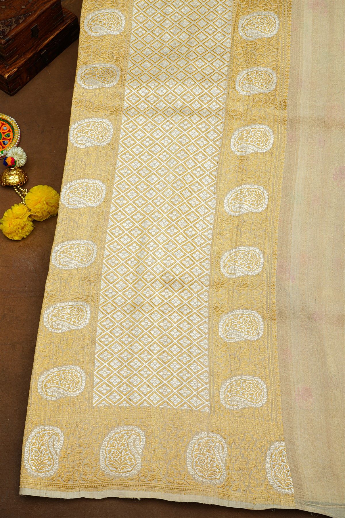 Banarasi Silk Off White Saree With Florals And Paisleys Border