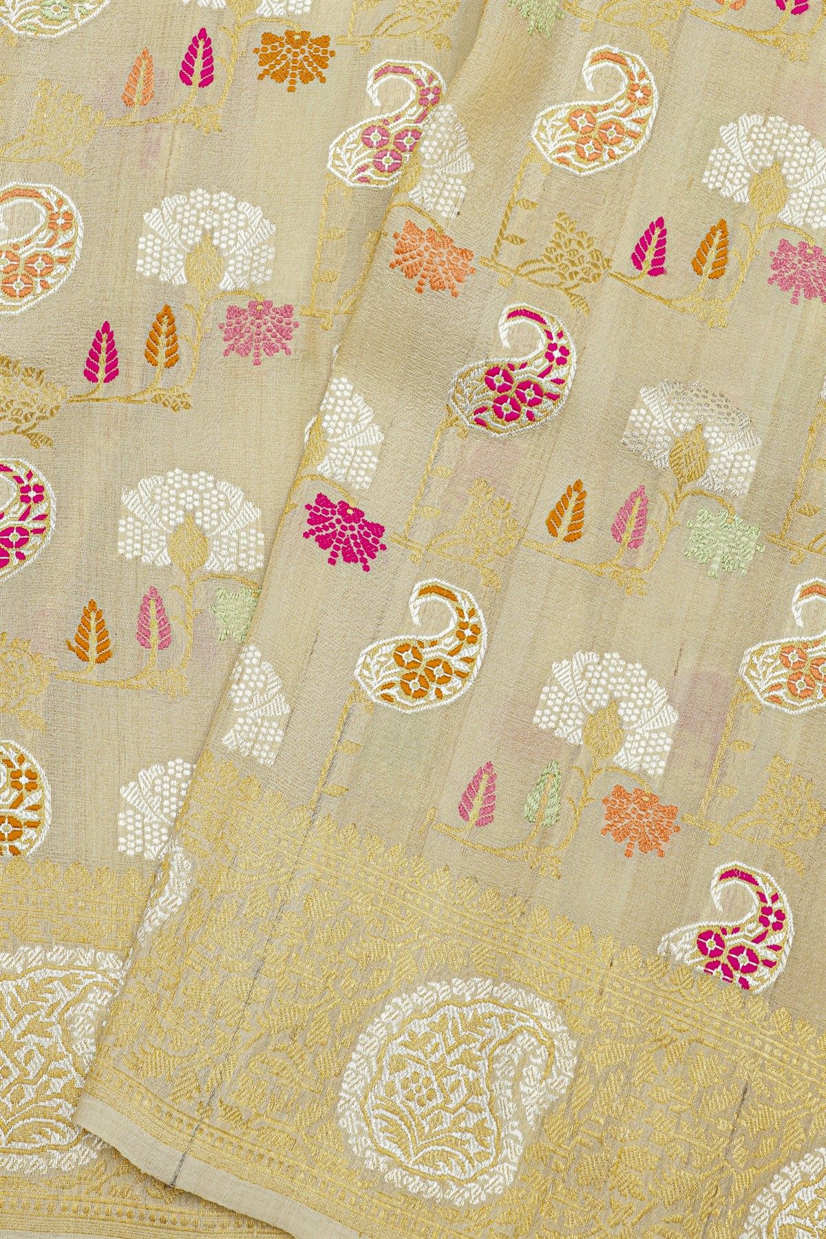 Banarasi Silk Off White Saree With Florals And Paisleys Border