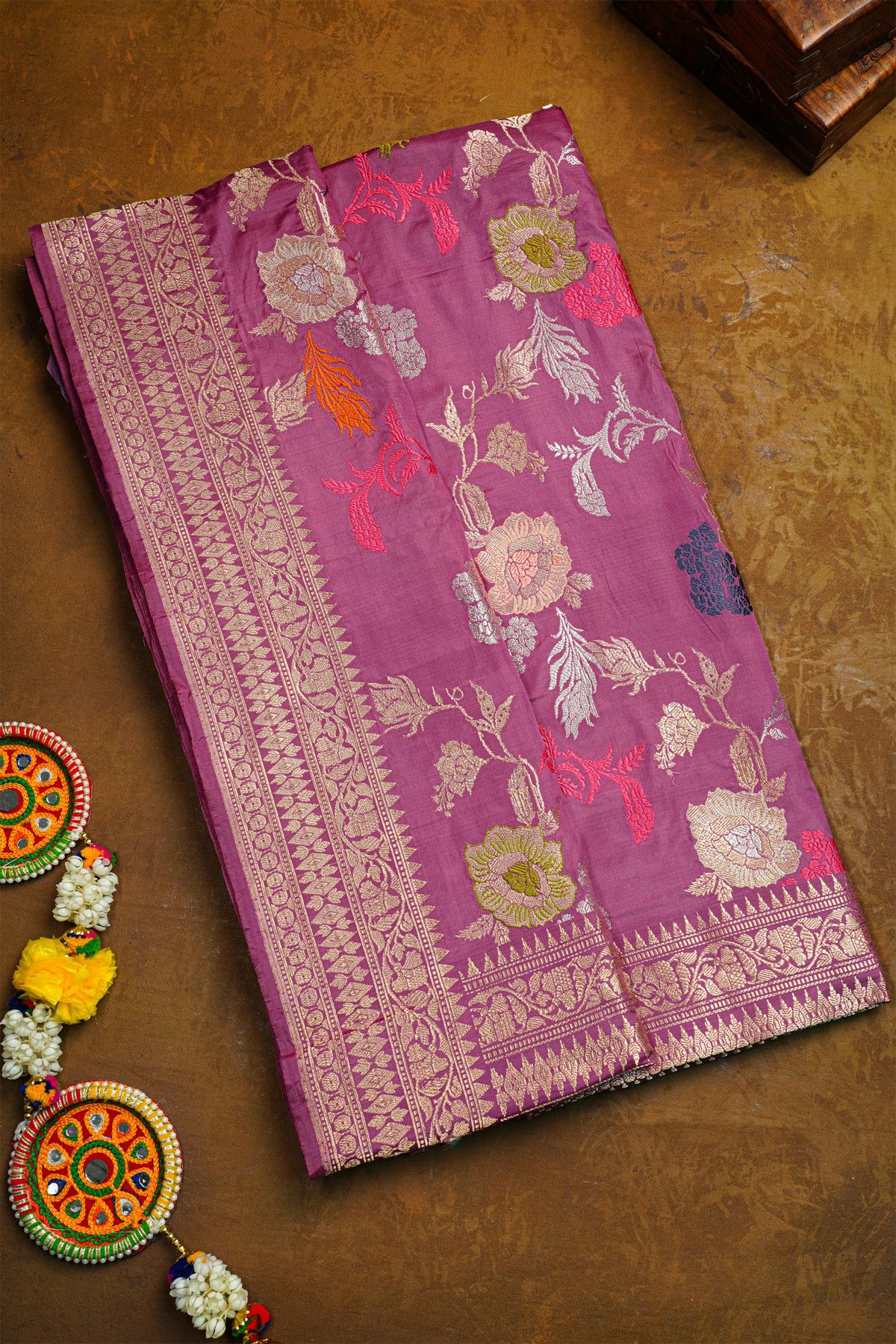 Banarasi Silk Lavender Saree With Florals And Leaves Jaal In Meenakari Body