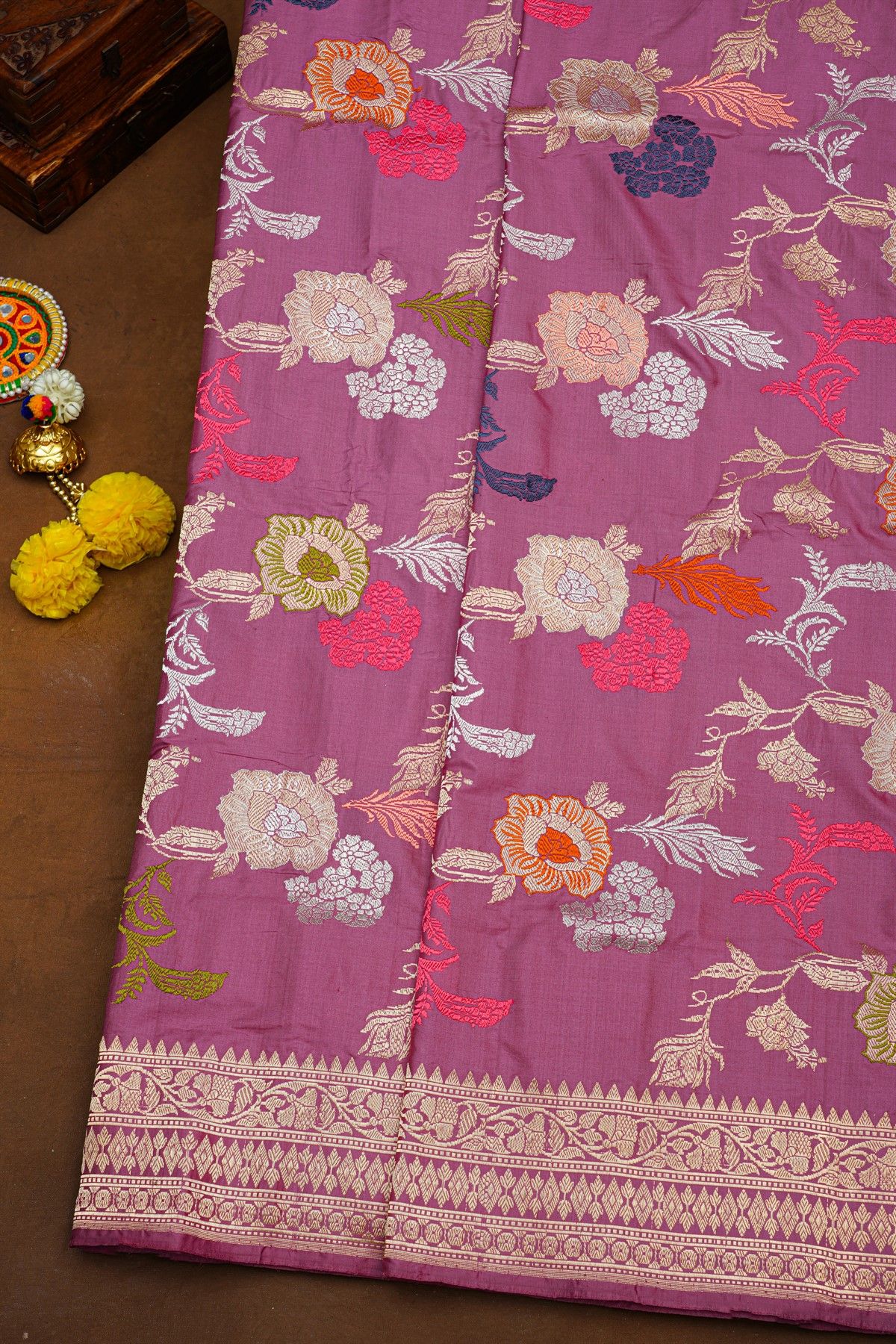 Banarasi Silk Lavender Saree With Florals And Leaves Jaal In Meenakari Body