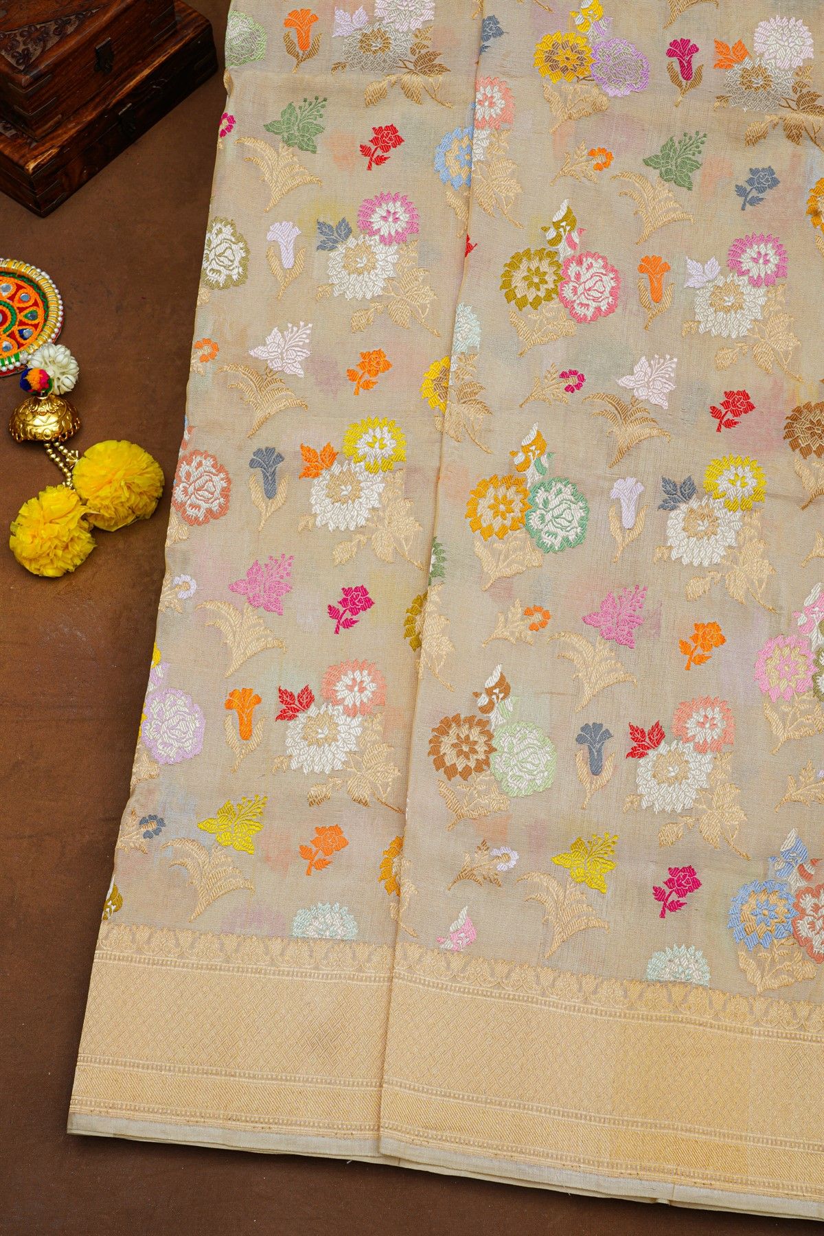 Banarasi Silk Off White Saree With Meenakari Floral And Leaf Body