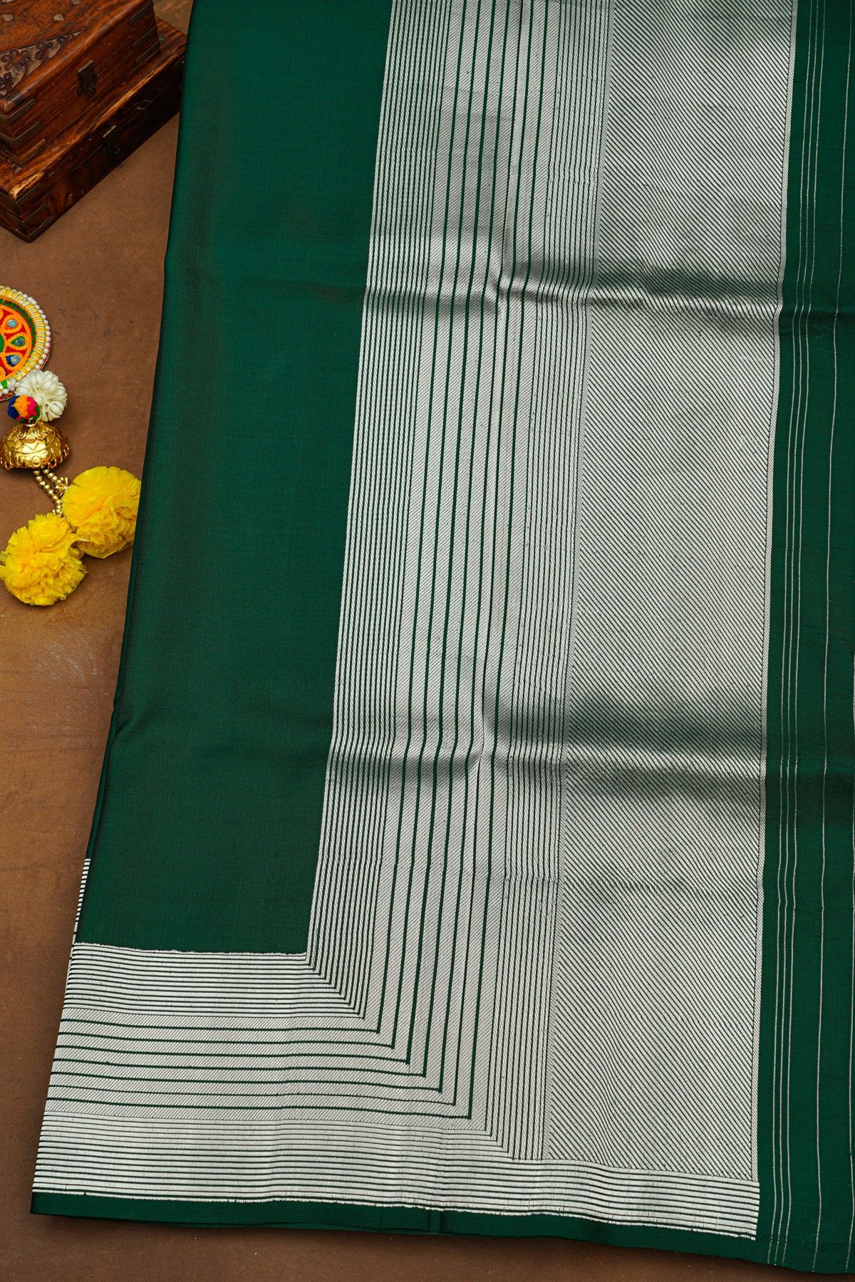 Banarasi Silk Bottle Green Saree With Zari Lines 3D Border