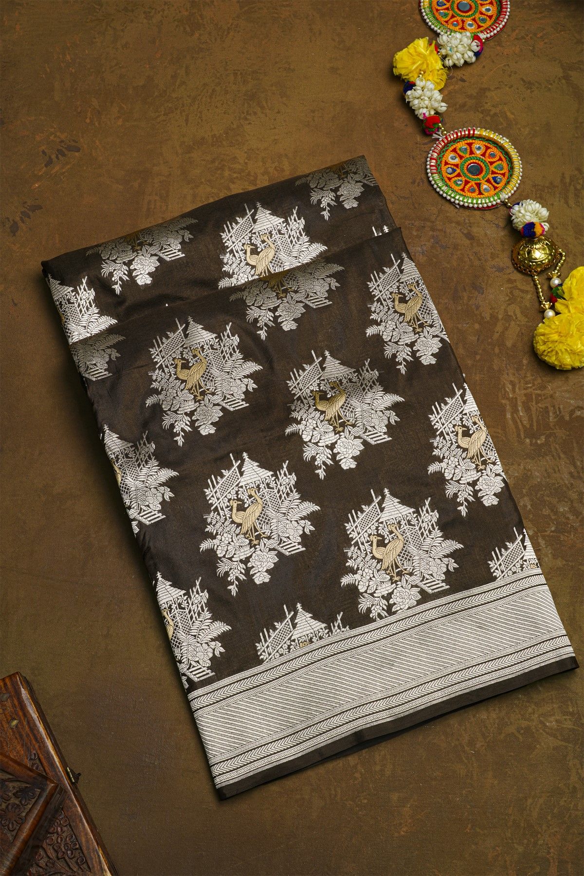 Banarasi Silk Brown Saree With Florals And Crown Buttis Body