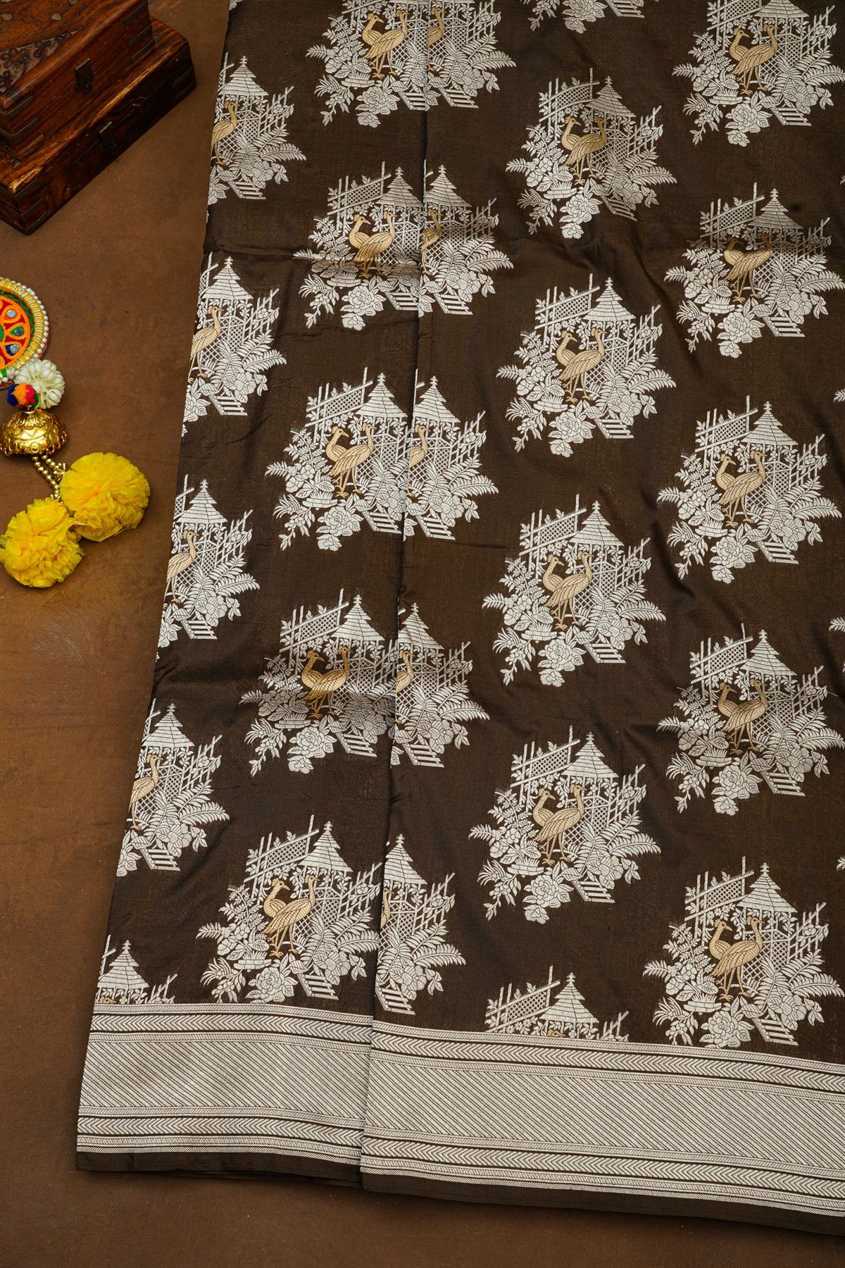 Banarasi Silk Brown Saree With Florals And Crown Buttis Body