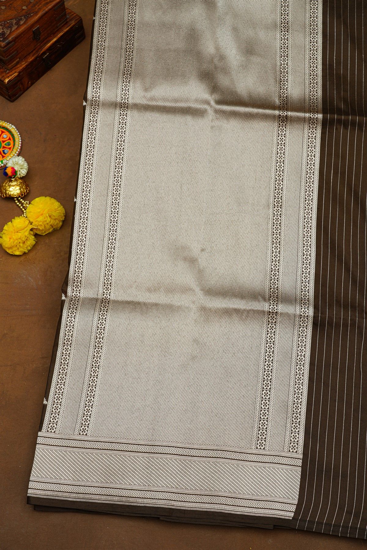Banarasi Silk Brown Saree With Florals And Crown Buttis Body