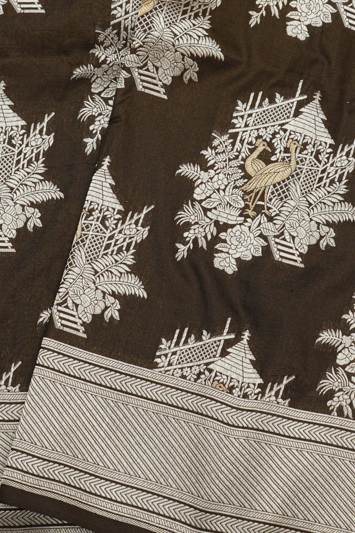 Banarasi Silk Brown Saree With Florals And Crown Buttis Body