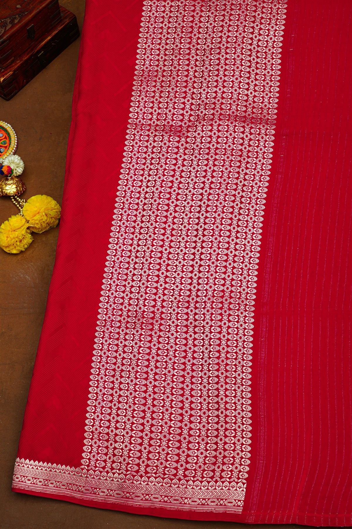 Banarasi Silk Red Saree With Floral Buttis Border