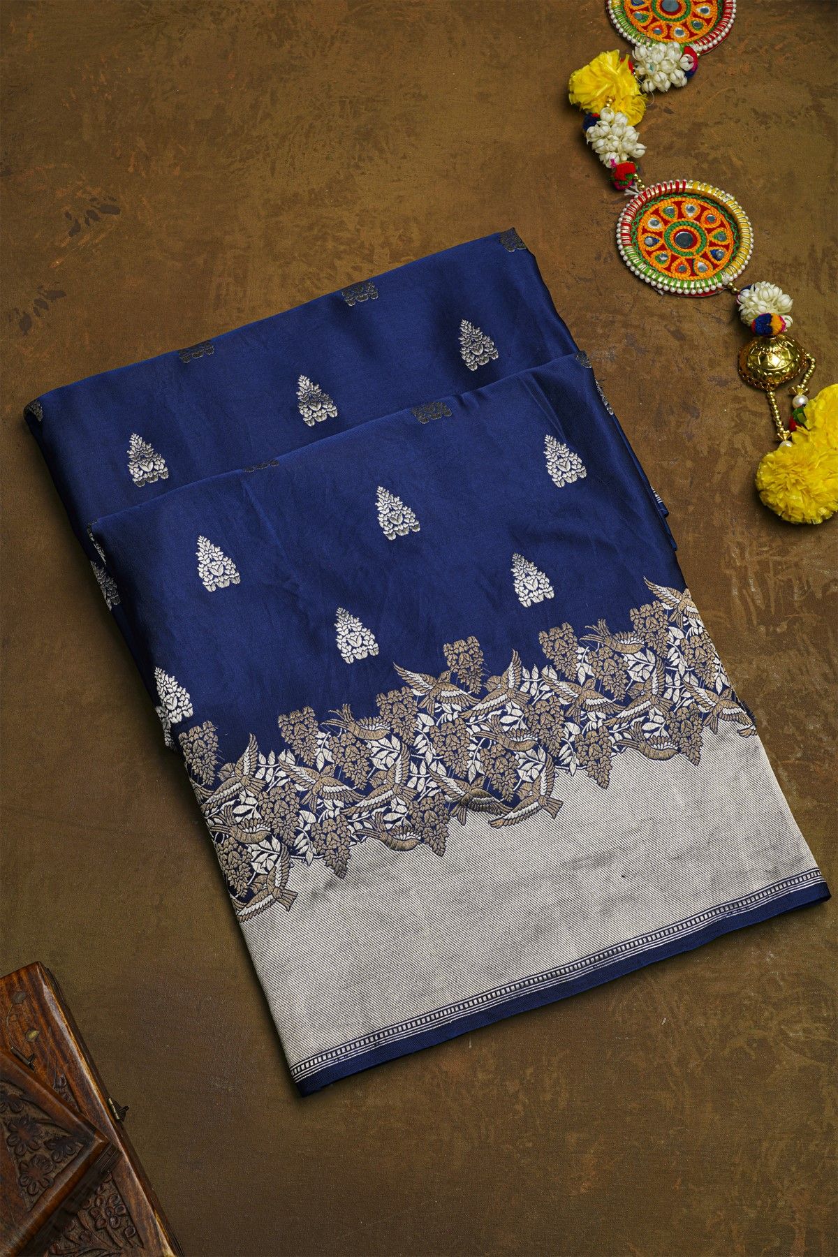 Banarasi Silk Navy Blue Saree With Cross Lines And Birds Border