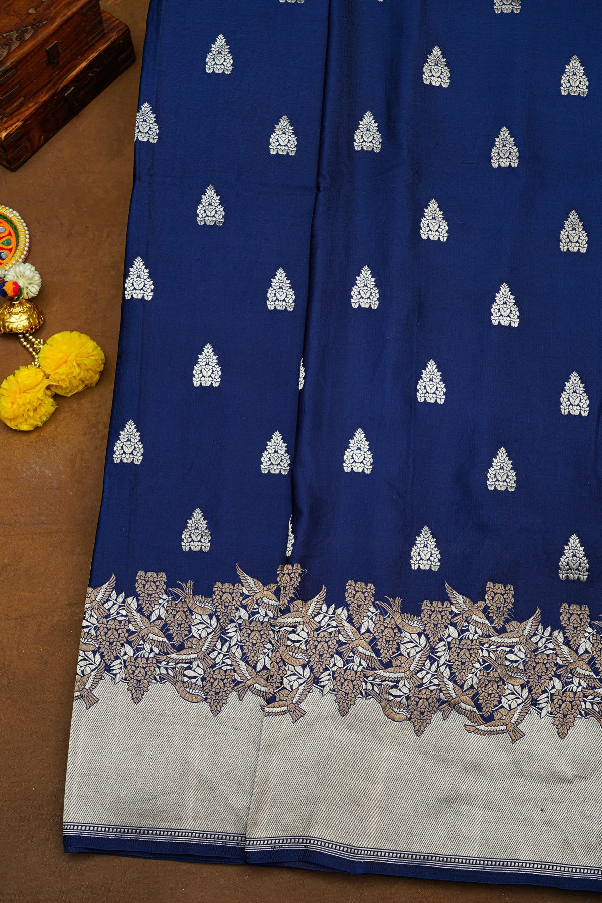 Banarasi Silk Navy Blue Saree With Cross Lines And Birds Border