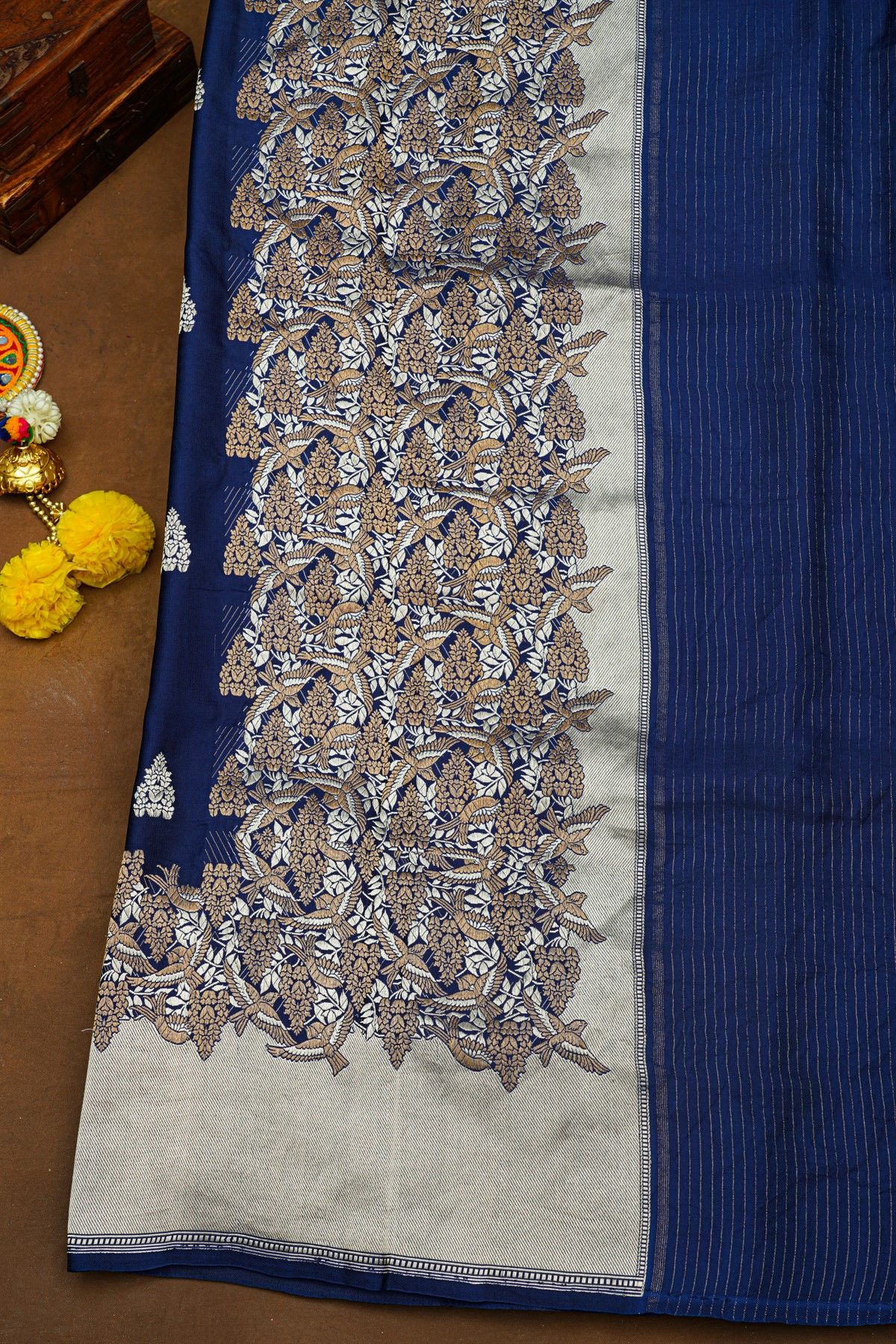 Banarasi Silk Navy Blue Saree With Cross Lines And Birds Border