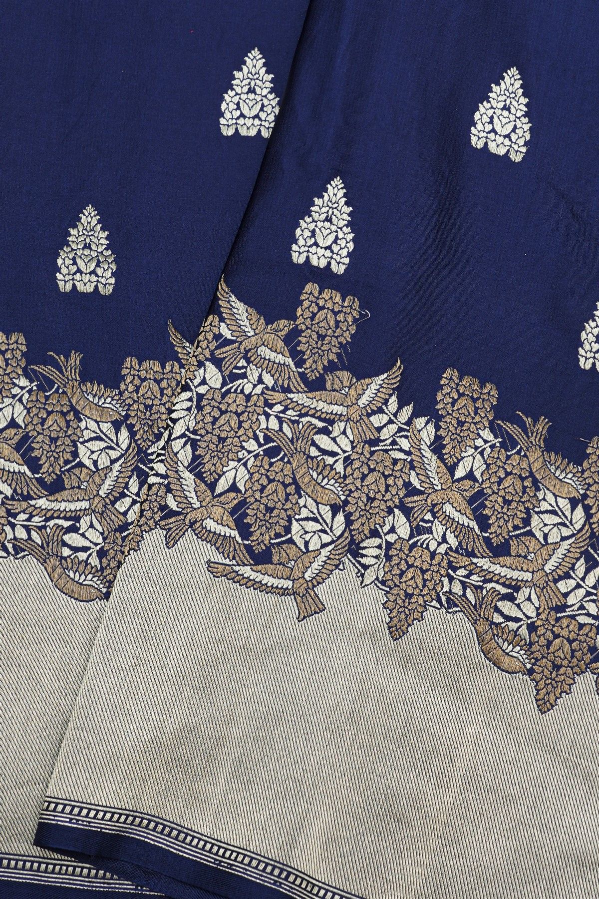 Banarasi Silk Navy Blue Saree With Cross Lines And Birds Border