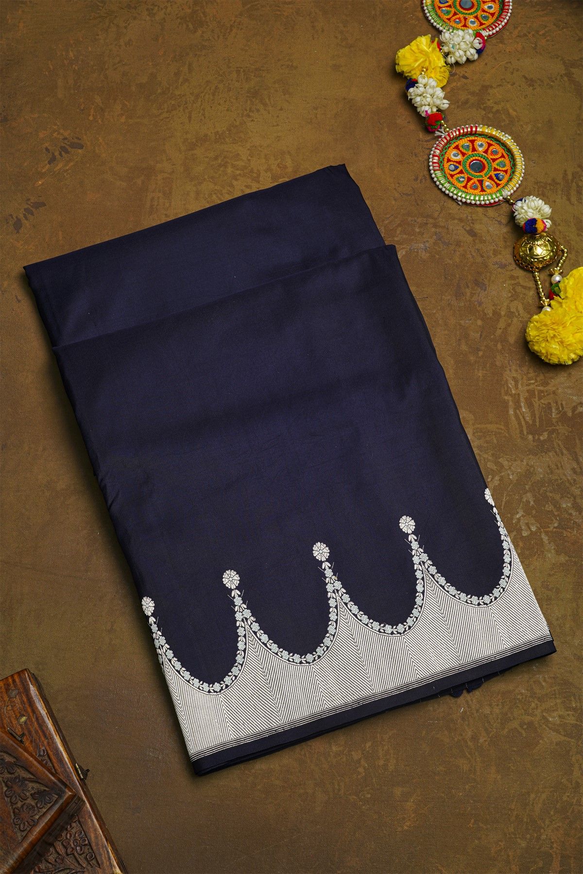 Banarasi Silk Navy Blue Saree With Floral Buttis Border
