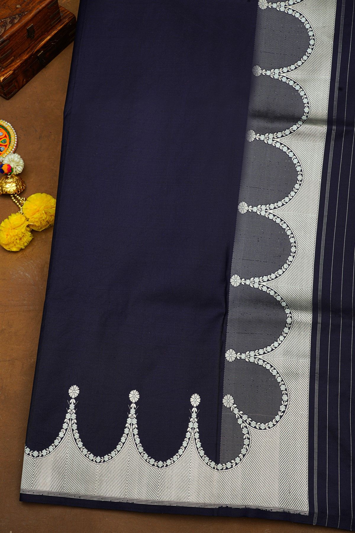 Banarasi Silk Navy Blue Saree With Floral Buttis Border
