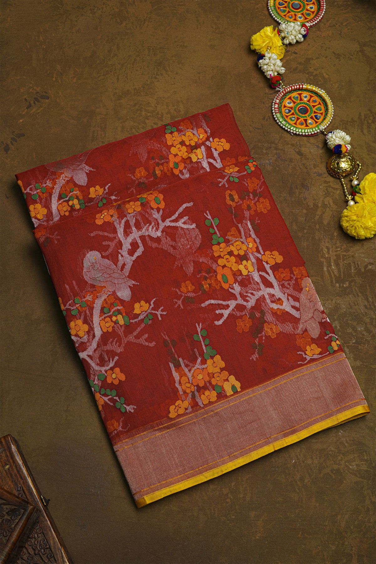 Pure Banarasi Cotton Red Saree With Jamdani Weaving