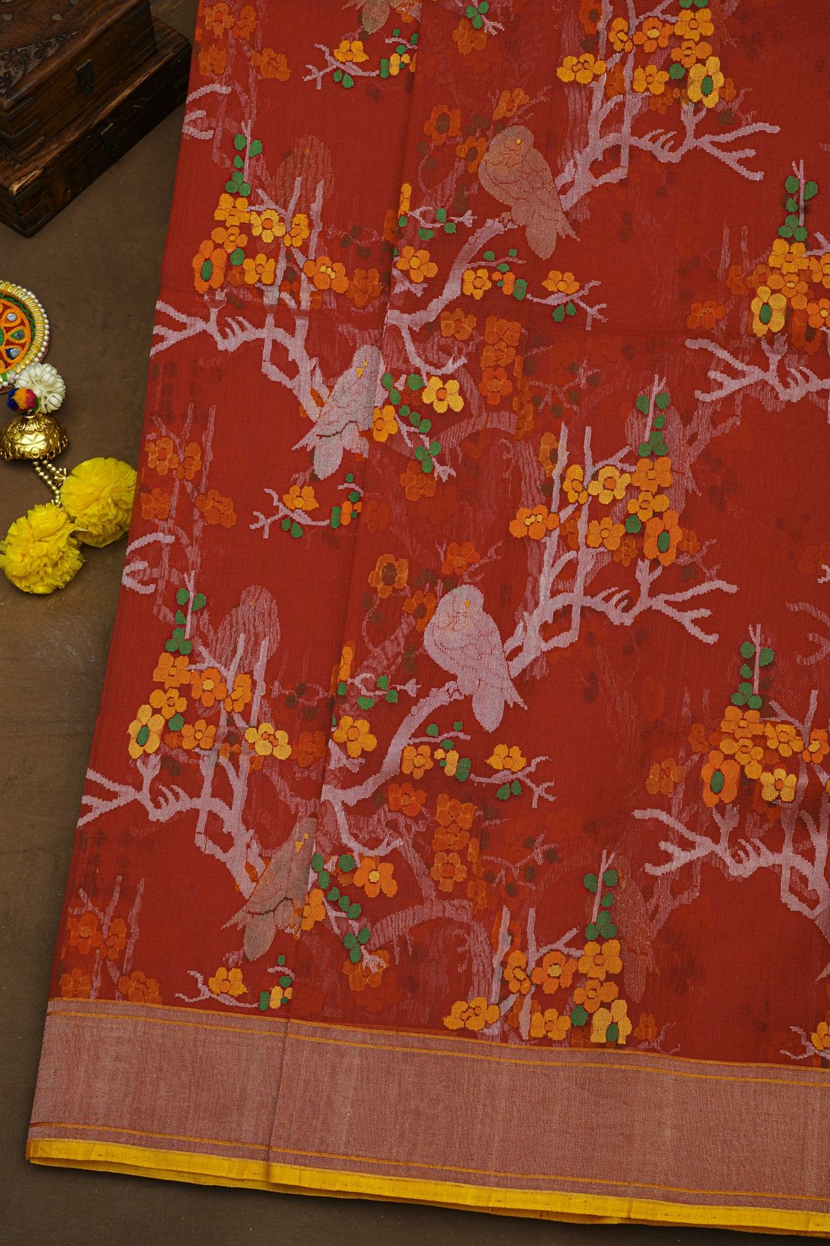 Pure Banarasi Cotton Red Saree With Jamdani Weaving