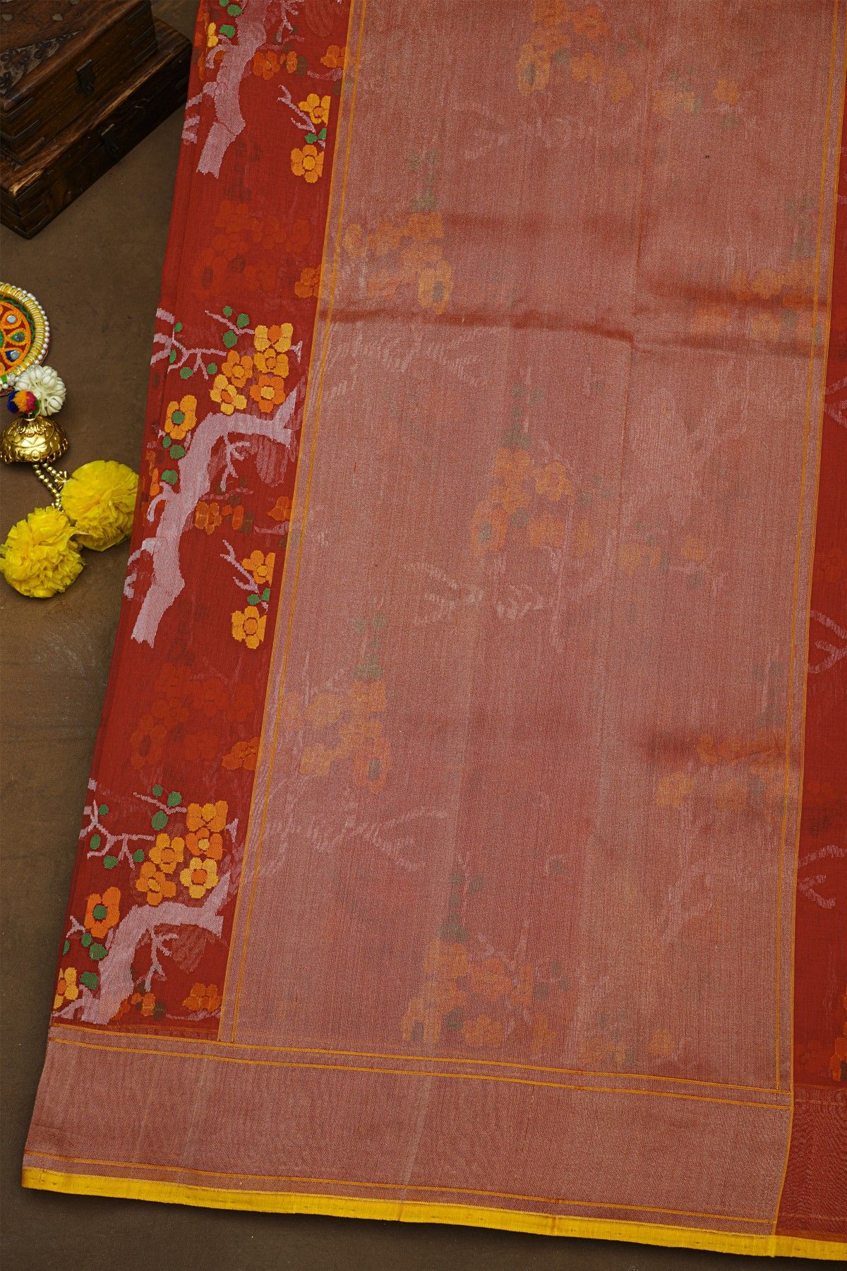 Pure Banarasi Cotton Red Saree With Jamdani Weaving
