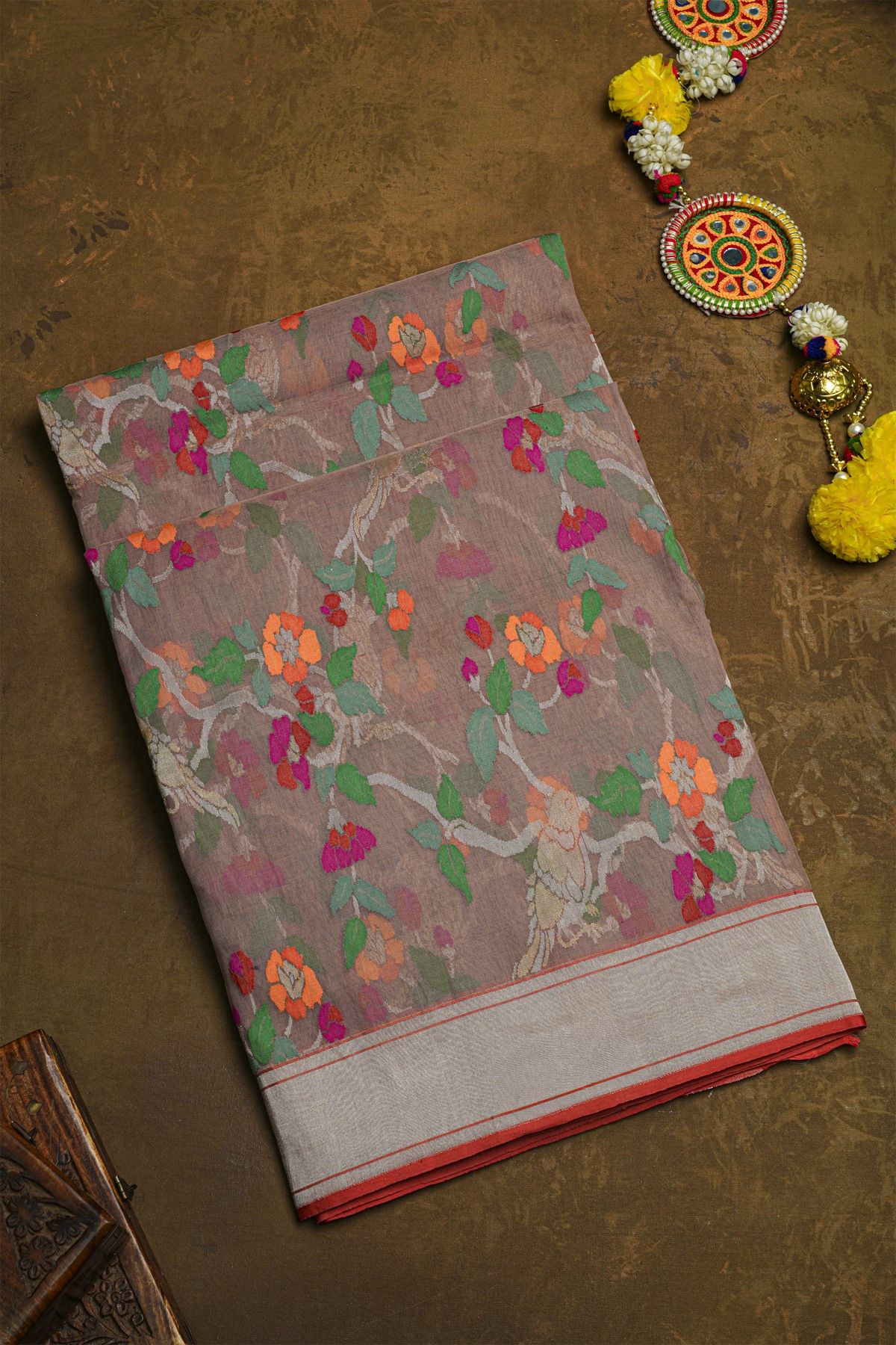 Pure Banarasi Cotton Grey Saree With Jamdani Weaving