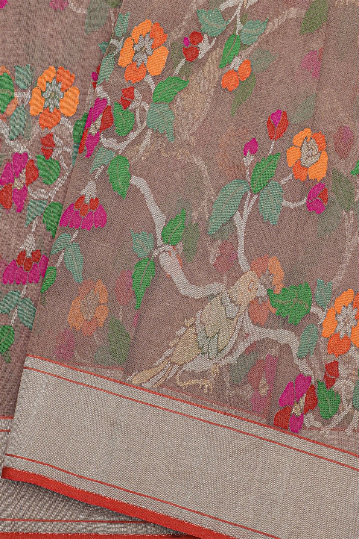 Pure Banarasi Cotton Grey Saree With Jamdani Weaving