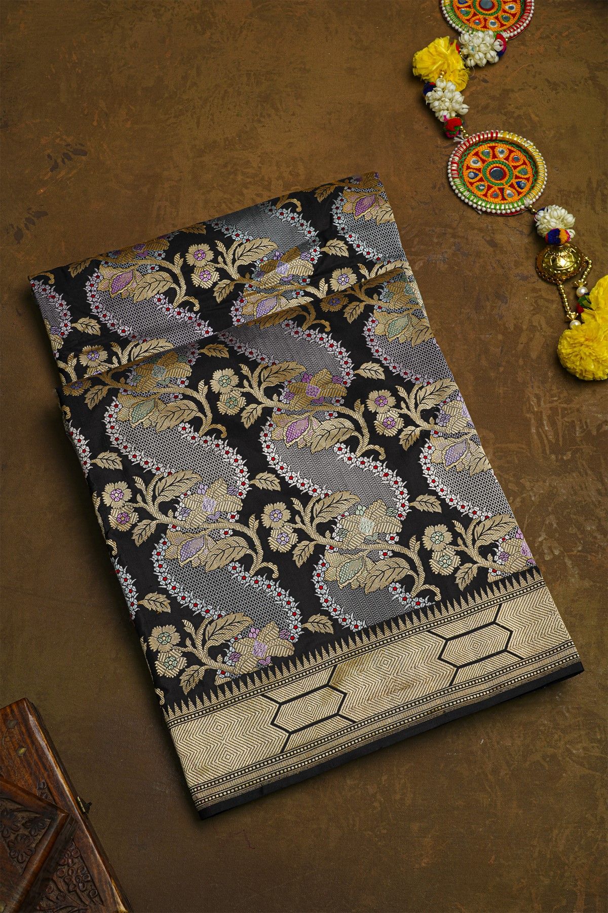 Banarasi Silk Black Saree With Florals And Leaves Jaal In Meenakari Body