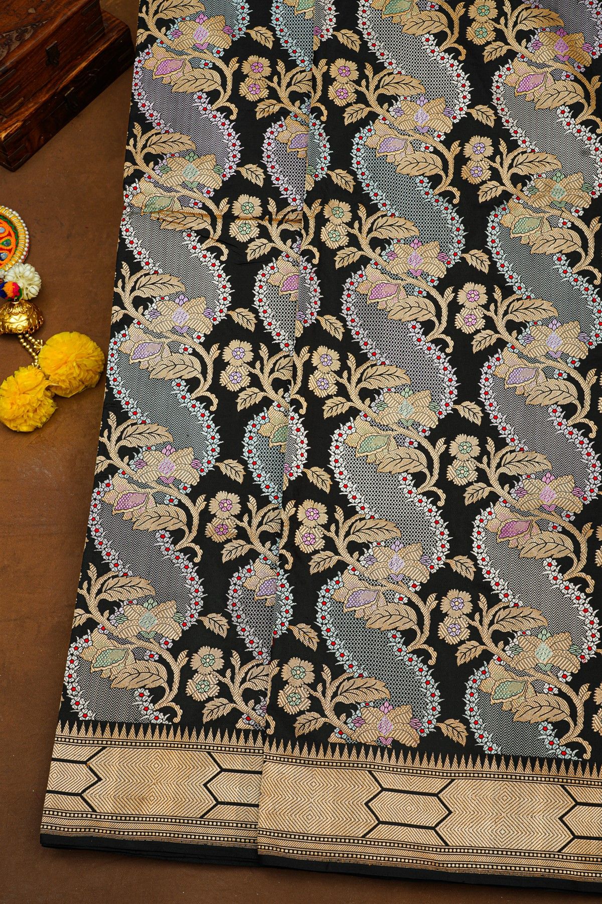 Banarasi Silk Black Saree With Florals And Leaves Jaal In Meenakari Body