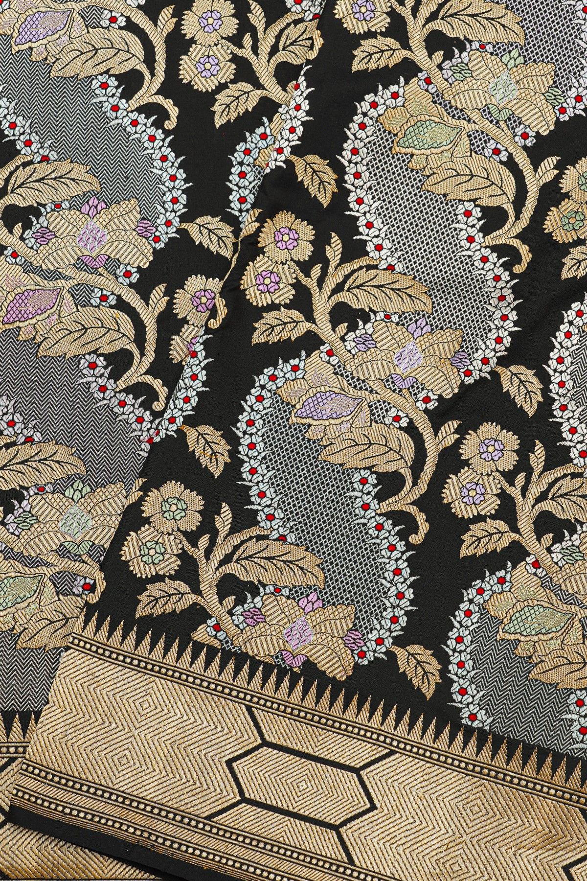 Banarasi Silk Black Saree With Florals And Leaves Jaal In Meenakari Body