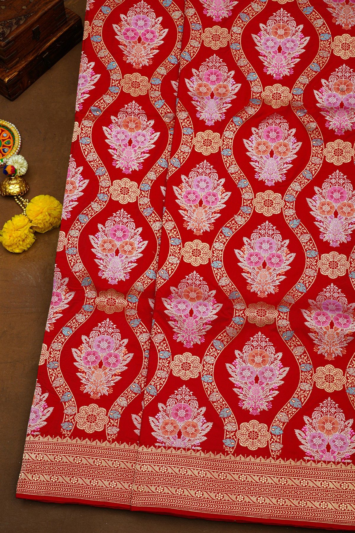 Banarasi Silk Red Saree With Florals And Leaves In Meenakari Body