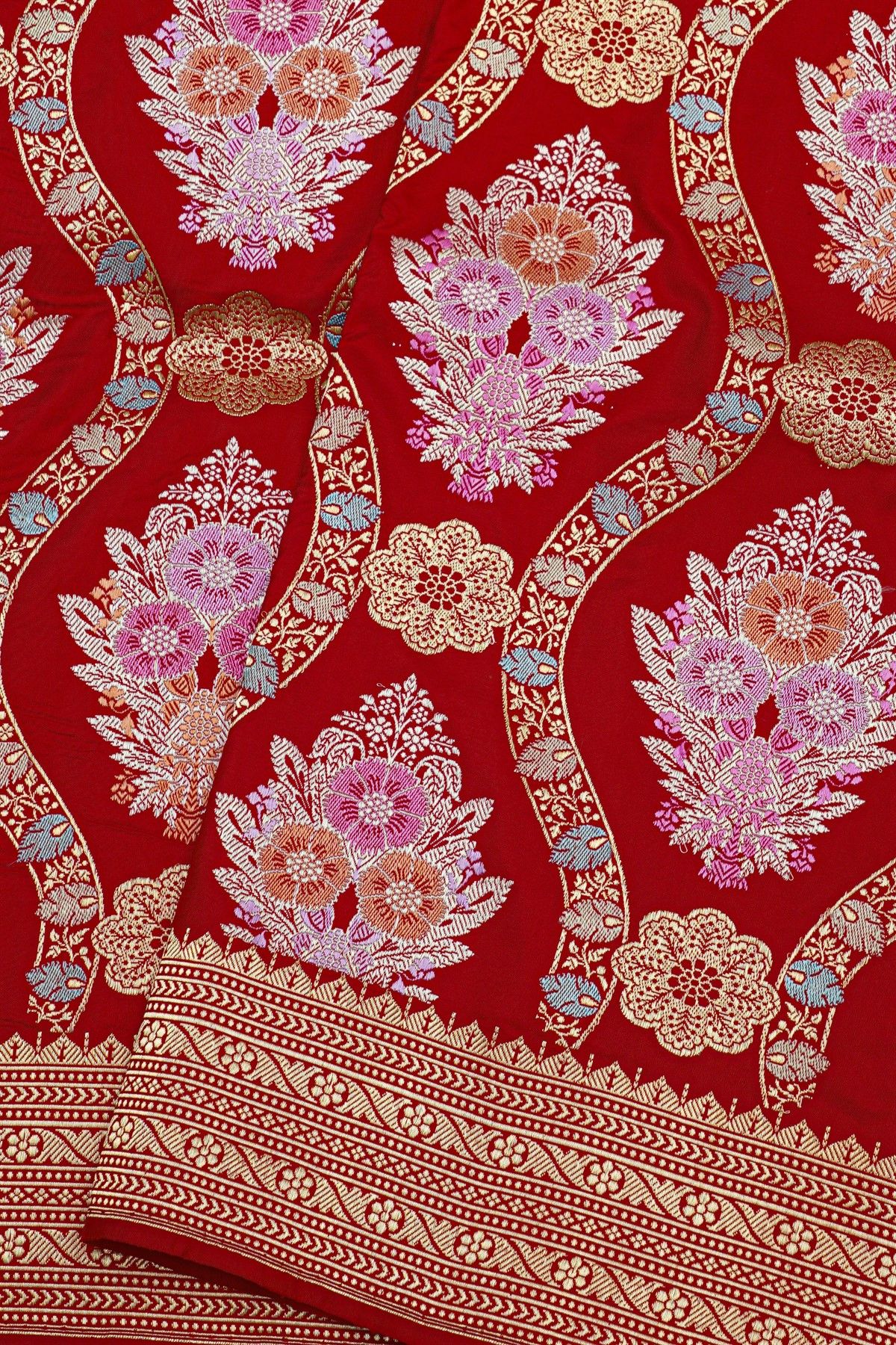 Banarasi Silk Red Saree With Florals And Leaves In Meenakari Body