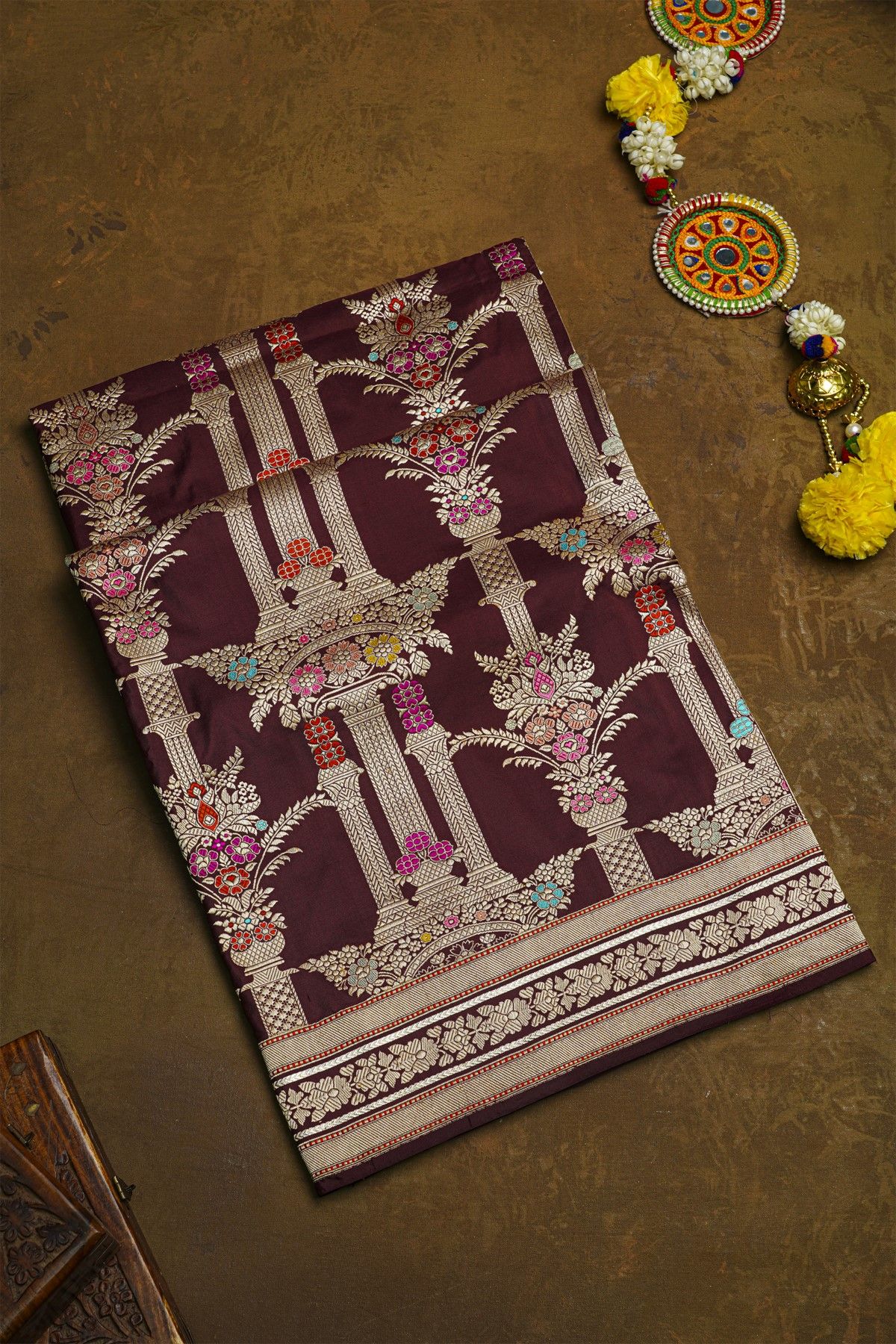 Banarasi Silk Maroon Saree With Florals And Leaves In Meenakari Body