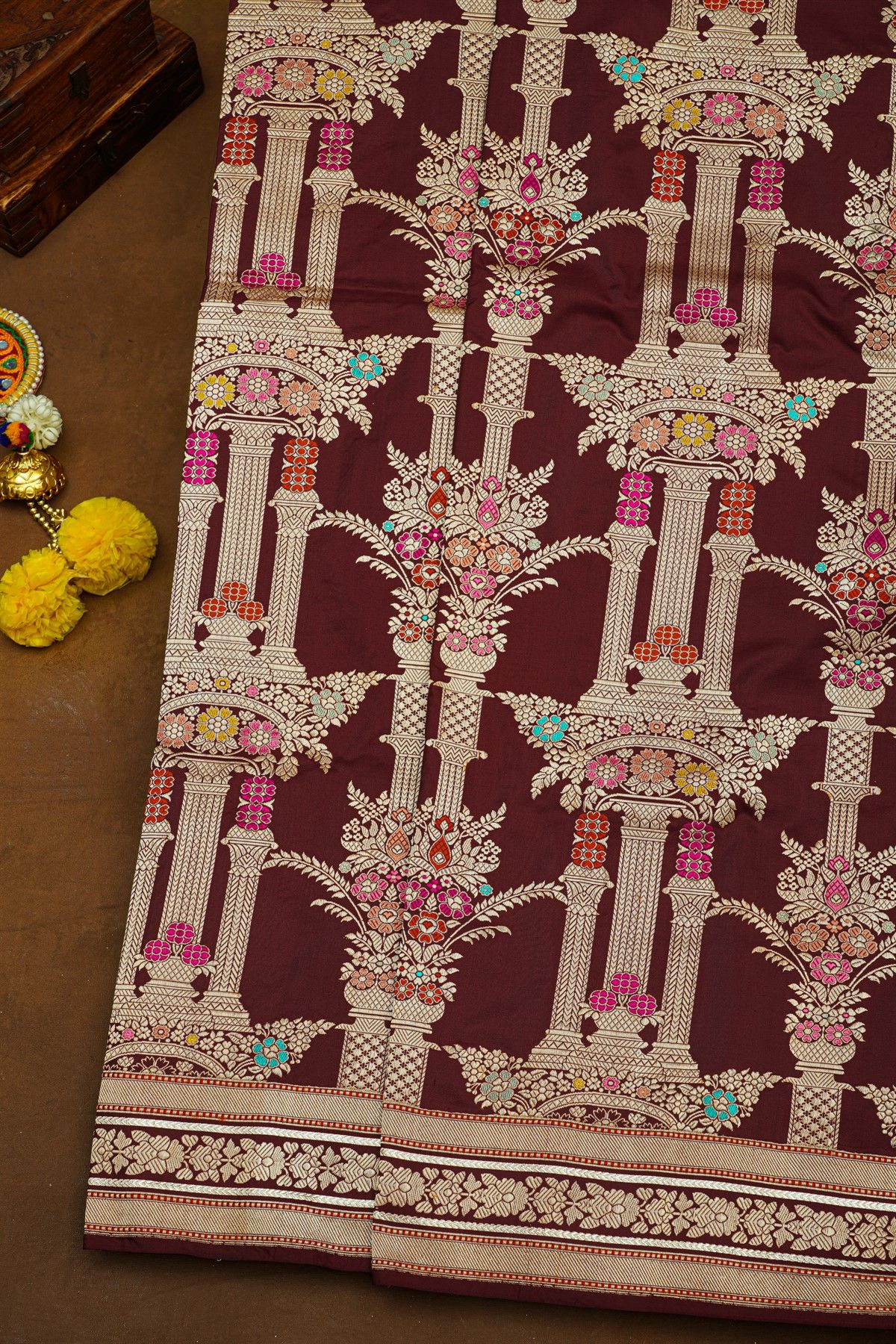 Banarasi Silk Maroon Saree With Florals And Leaves In Meenakari Body