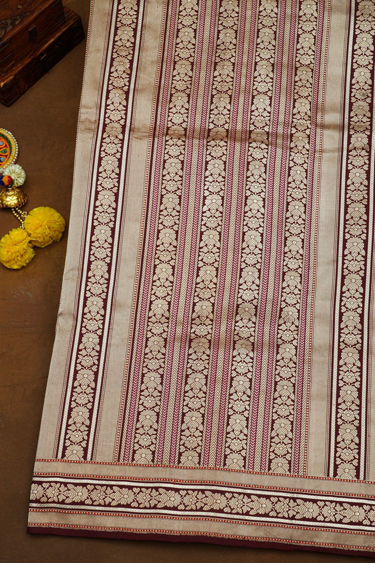 Banarasi Silk Maroon Saree With Florals And Leaves In Meenakari Body