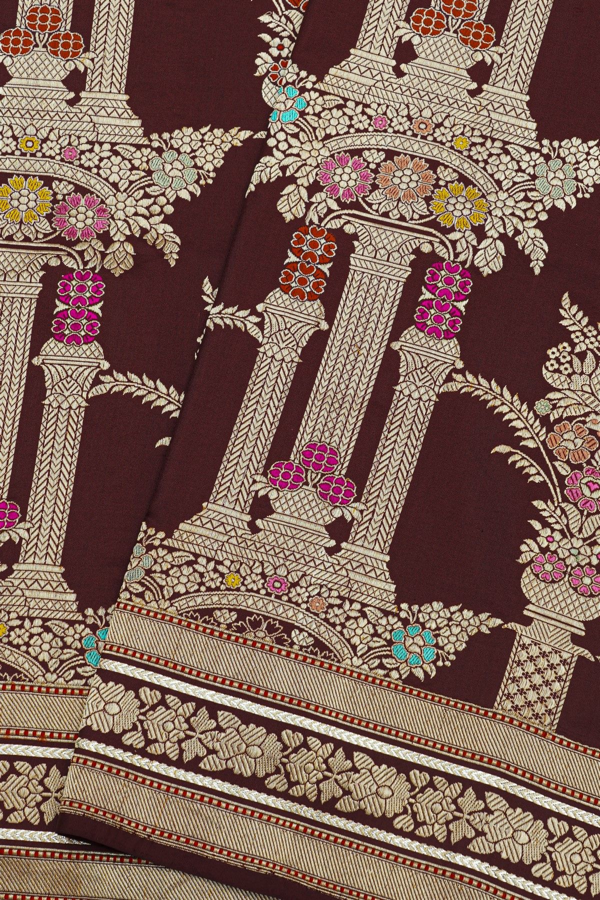 Banarasi Silk Maroon Saree With Florals And Leaves In Meenakari Body