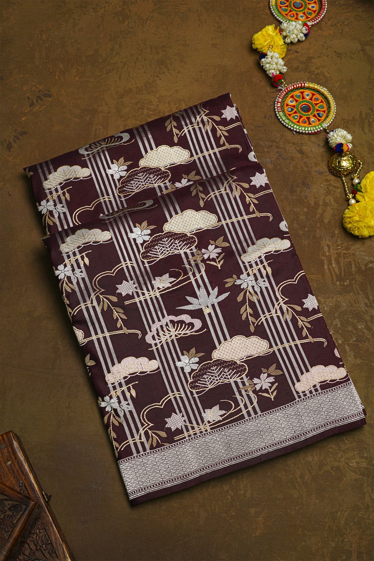 Banarasi Silk Maroon Saree With Zari Lines And Floral Buttis Body