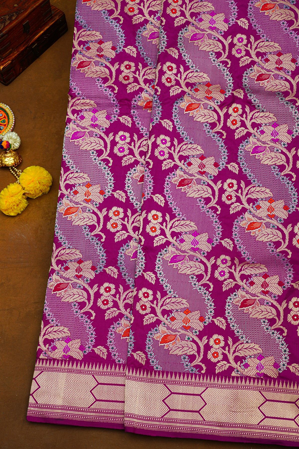 Banarasi Silk Purple Saree With Florals And Leaves In Meenakari Body