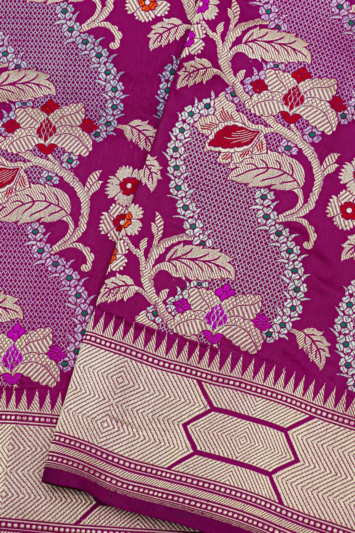 Banarasi Silk Purple Saree With Florals And Leaves In Meenakari Body