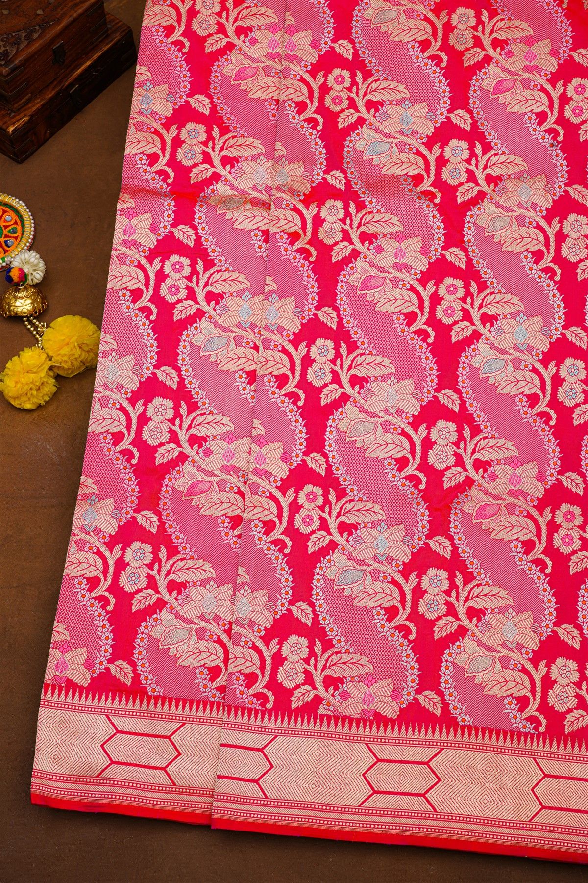 Banarasi Silk Rani Pink Saree With Florals And Leaves In Meenakari Body