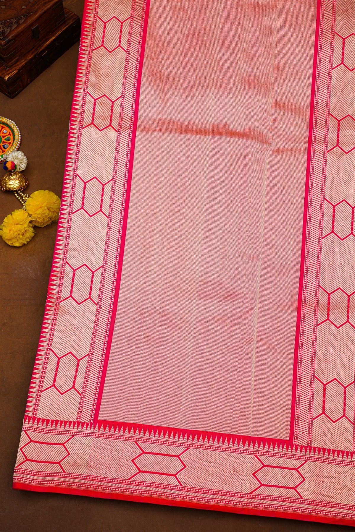 Banarasi Silk Rani Pink Saree With Florals And Leaves In Meenakari Body