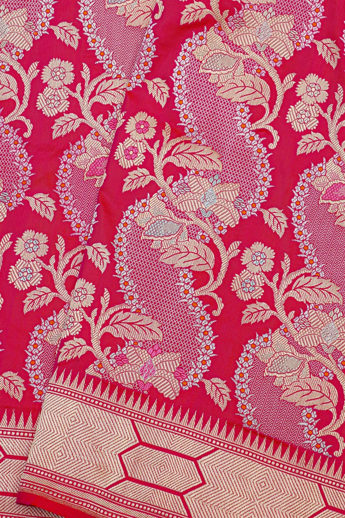 Banarasi Silk Rani Pink Saree With Florals And Leaves In Meenakari Body