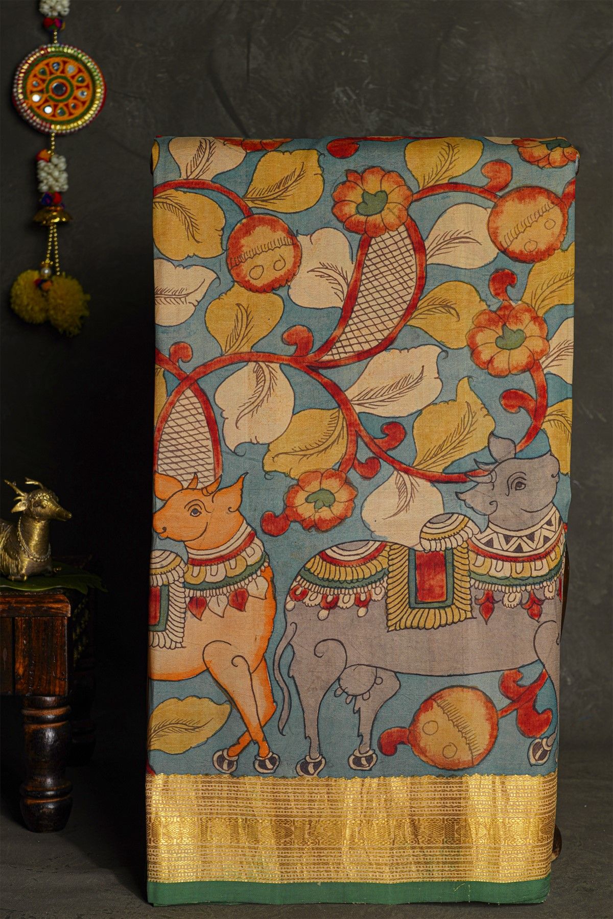Kalamkari Silk Turquoise Blue Saree With Peacocks And Paisleys Border