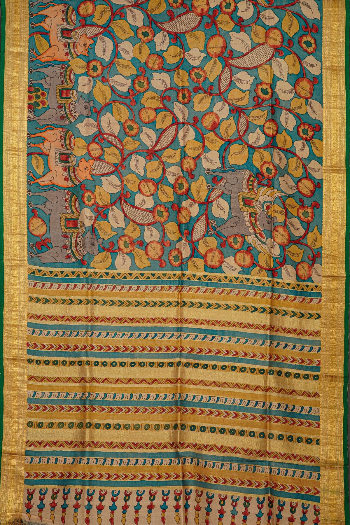 Kalamkari Silk Turquoise Blue Saree With Peacocks And Paisleys Border