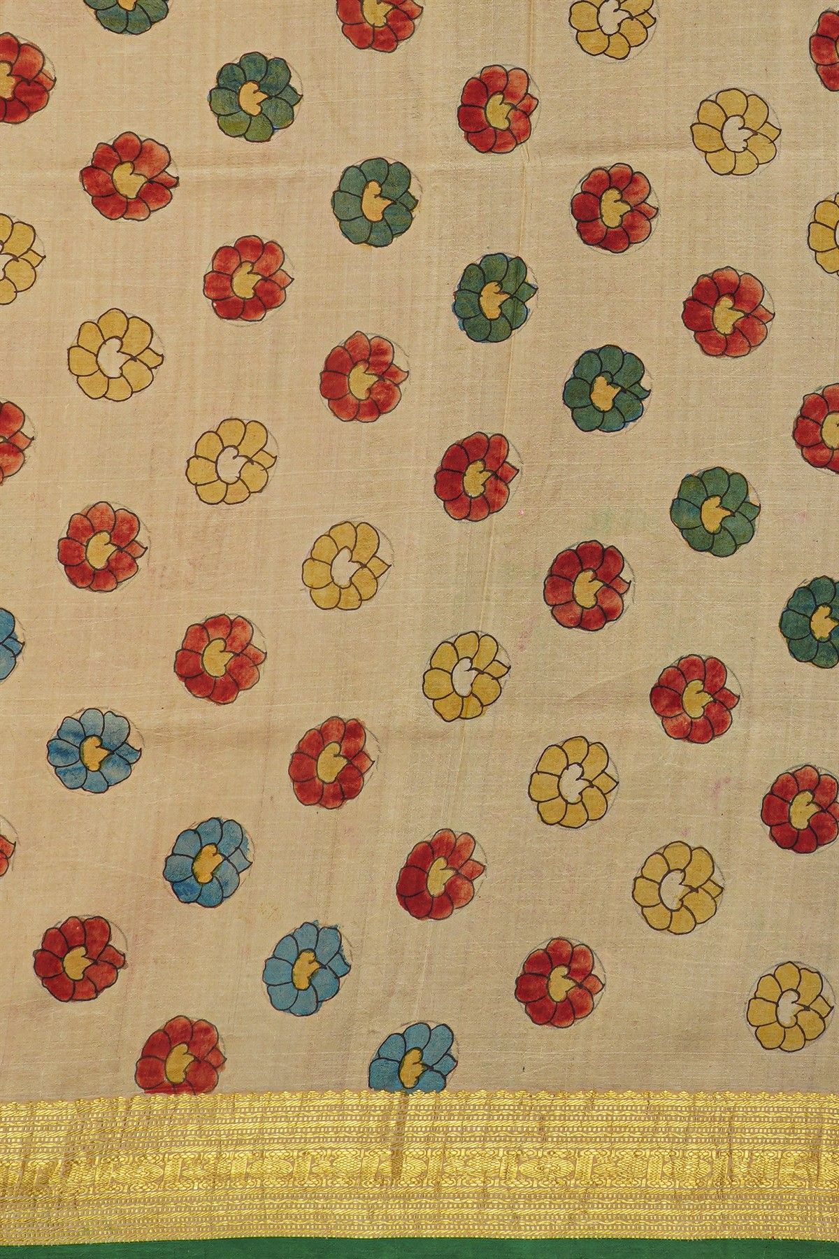 Kalamkari Silk Turquoise Blue Saree With Peacocks And Paisleys Border