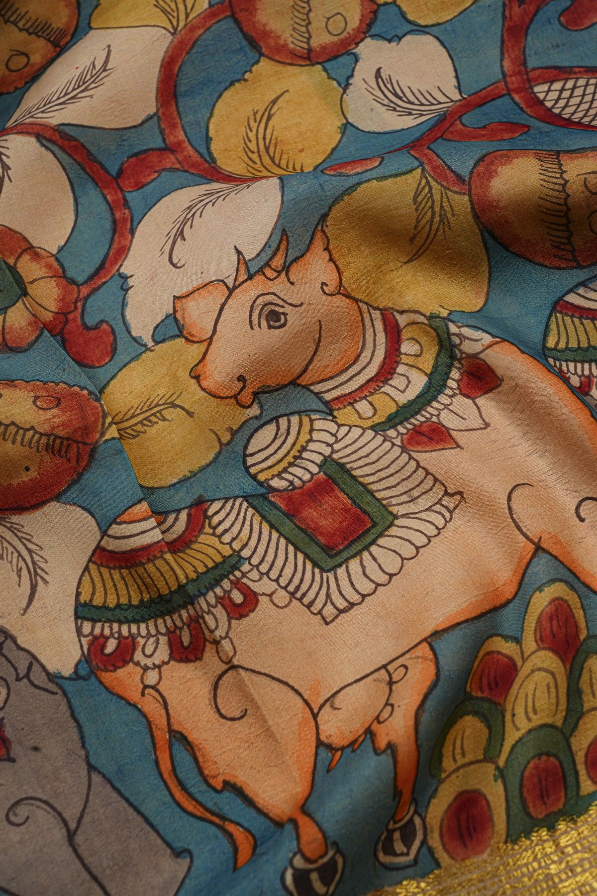 Kalamkari Silk Turquoise Blue Saree With Peacocks And Paisleys Border