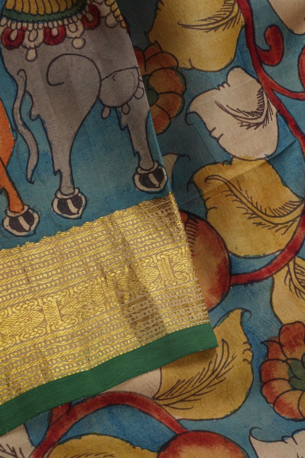 Kalamkari Silk Turquoise Blue Saree With Peacocks And Paisleys Border