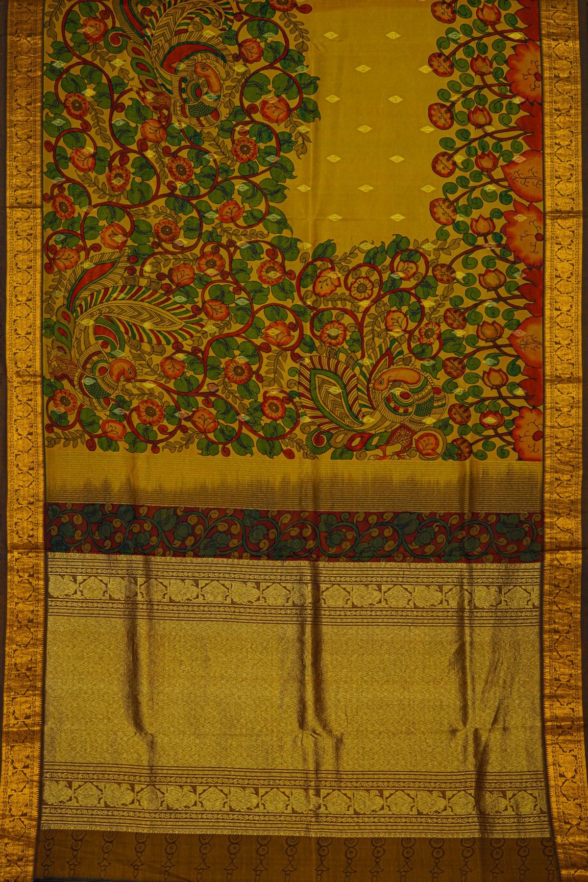 Kalamkari Silk Yellow Saree With Peacocks And Paisley In Box Border