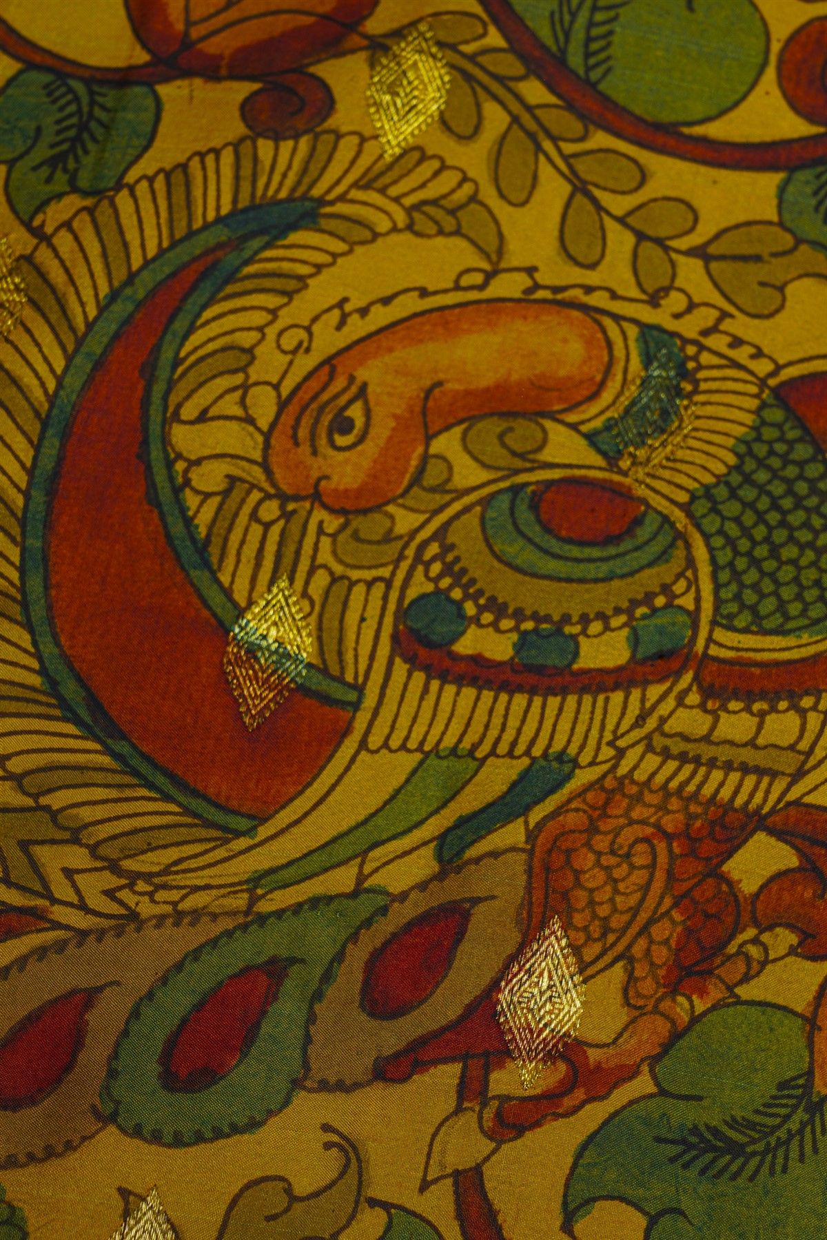 Kalamkari Silk Yellow Saree With Peacocks And Paisley In Box Border