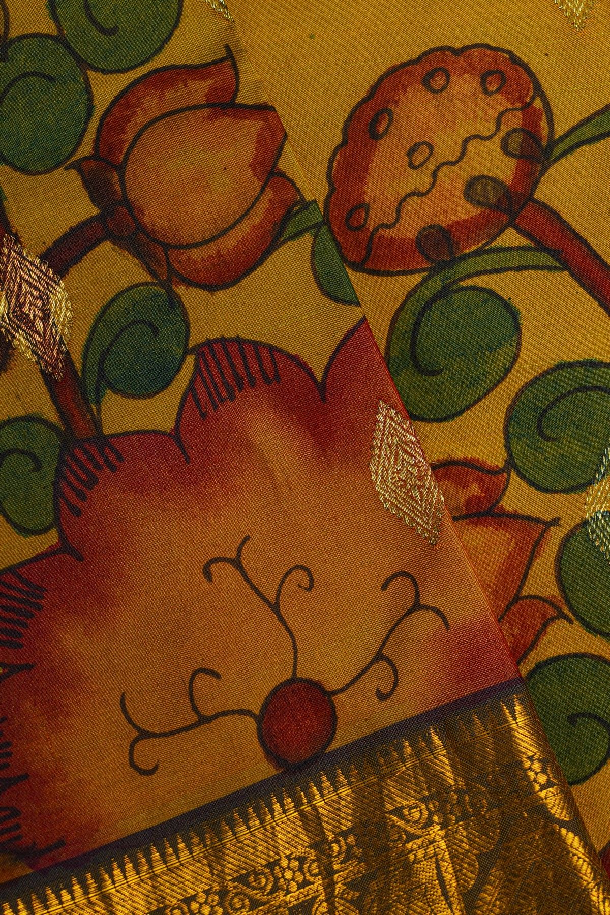 Kalamkari Silk Yellow Saree With Peacocks And Paisley In Box Border