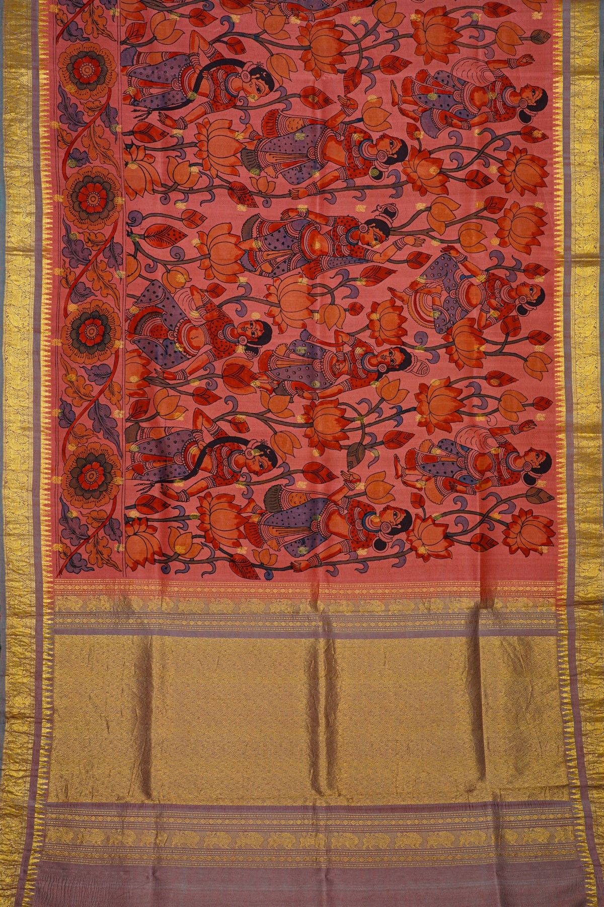 Kalamkari Silk Peach Pink Saree With Peacocks And Yalis Border