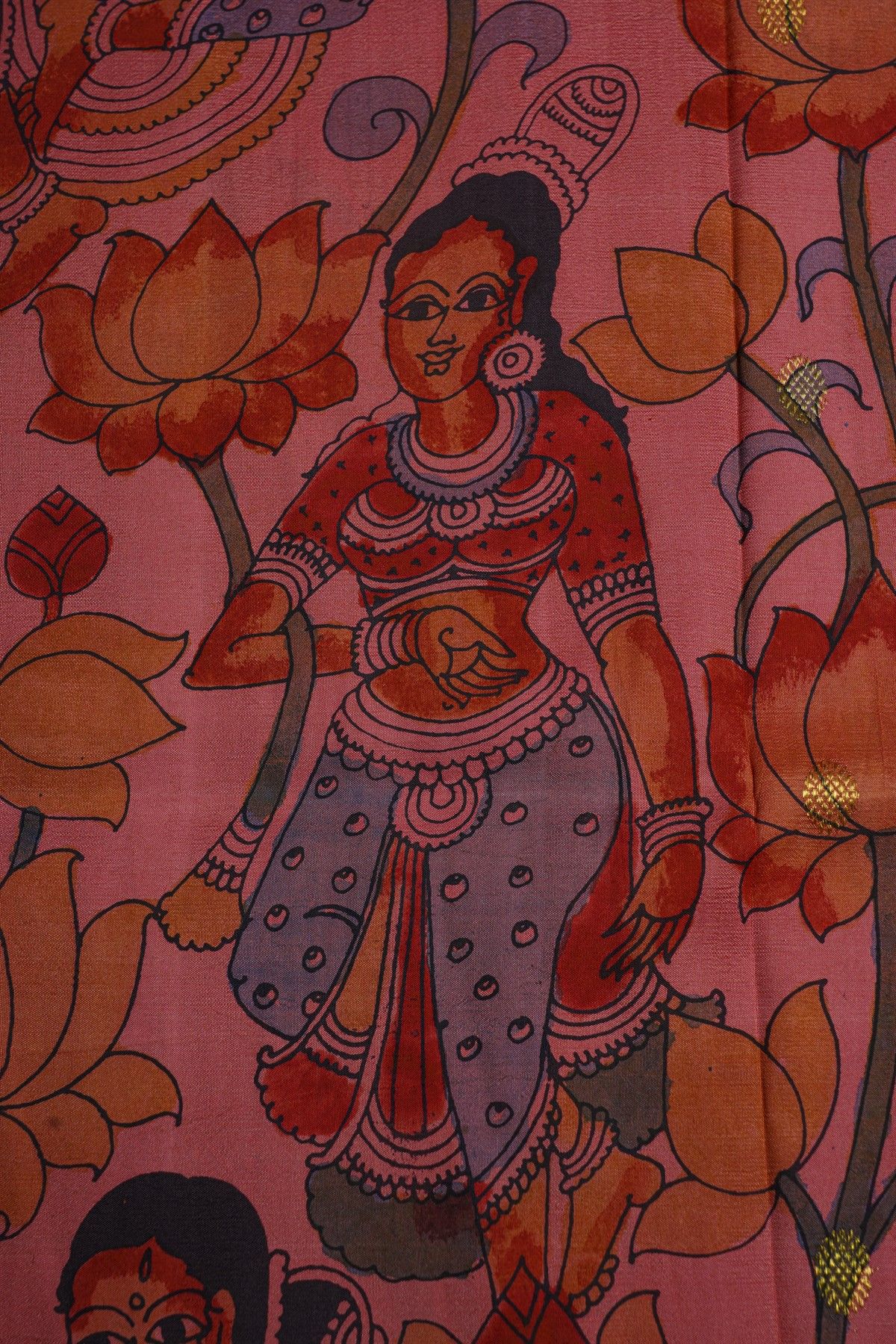 Kalamkari Silk Peach Pink Saree With Peacocks And Yalis Border